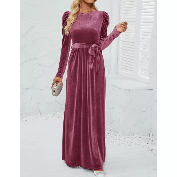 imageZESICA Womens Velvet Maxi Dress Long Puff Sleeve Crew Neck Elastic High Waist Cocktail Party Bridesmaid DressesMauve