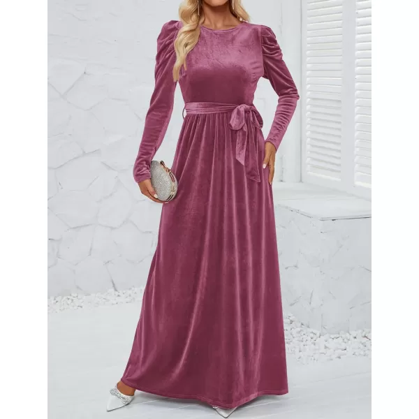 imageZESICA Womens Velvet Maxi Dress Long Puff Sleeve Crew Neck Elastic High Waist Cocktail Party Bridesmaid DressesMauve