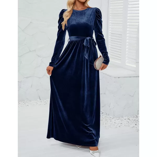 imageZESICA Womens Velvet Maxi Dress Long Puff Sleeve Crew Neck Elastic High Waist Cocktail Party Bridesmaid DressesNavy
