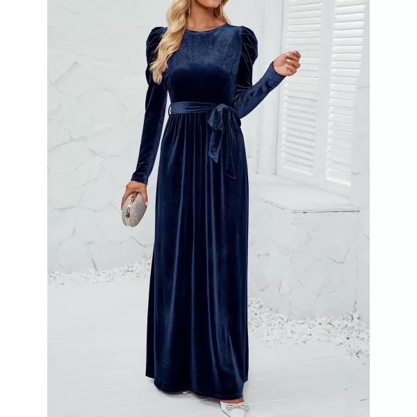imageZESICA Womens Velvet Maxi Dress Long Puff Sleeve Crew Neck Elastic High Waist Cocktail Party Bridesmaid DressesNavy