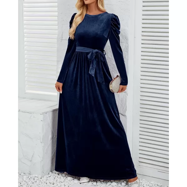 imageZESICA Womens Velvet Maxi Dress Long Puff Sleeve Crew Neck Elastic High Waist Cocktail Party Bridesmaid DressesNavy