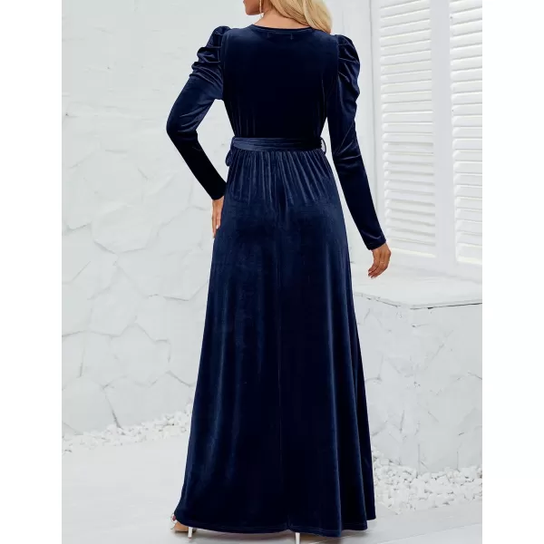 imageZESICA Womens Velvet Maxi Dress Long Puff Sleeve Crew Neck Elastic High Waist Cocktail Party Bridesmaid DressesNavy