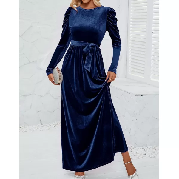 imageZESICA Womens Velvet Maxi Dress Long Puff Sleeve Crew Neck Elastic High Waist Cocktail Party Bridesmaid DressesNavy
