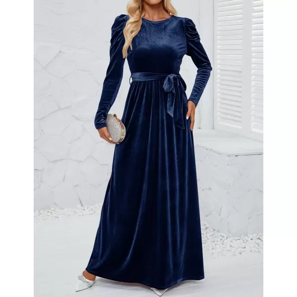 imageZESICA Womens Velvet Maxi Dress Long Puff Sleeve Crew Neck Elastic High Waist Cocktail Party Bridesmaid DressesNavy