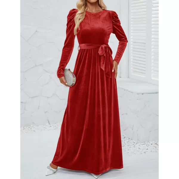 imageZESICA Womens Velvet Maxi Dress Long Puff Sleeve Crew Neck Elastic High Waist Cocktail Party Bridesmaid DressesPonceau