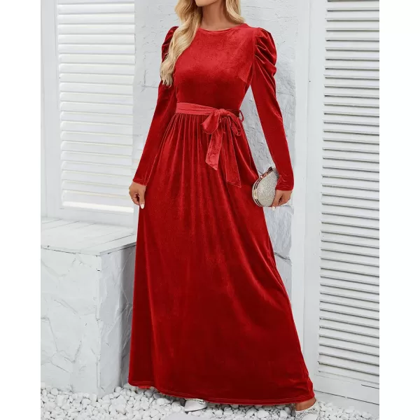 imageZESICA Womens Velvet Maxi Dress Long Puff Sleeve Crew Neck Elastic High Waist Cocktail Party Bridesmaid DressesPonceau
