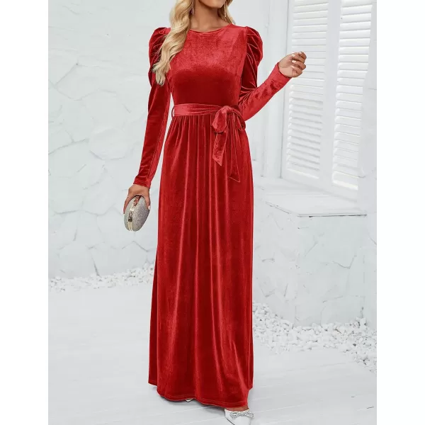imageZESICA Womens Velvet Maxi Dress Long Puff Sleeve Crew Neck Elastic High Waist Cocktail Party Bridesmaid DressesRed