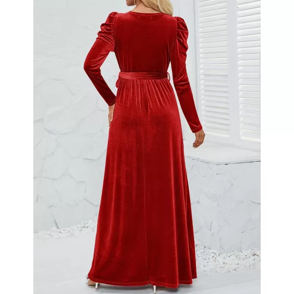 imageZESICA Womens Velvet Maxi Dress Long Puff Sleeve Crew Neck Elastic High Waist Cocktail Party Bridesmaid DressesRed