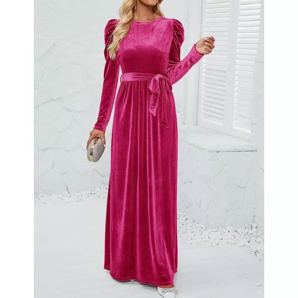 imageZESICA Womens Velvet Maxi Dress Long Puff Sleeve Crew Neck Elastic High Waist Cocktail Party Bridesmaid DressesRose