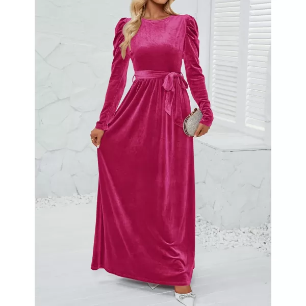 imageZESICA Womens Velvet Maxi Dress Long Puff Sleeve Crew Neck Elastic High Waist Cocktail Party Bridesmaid DressesRose