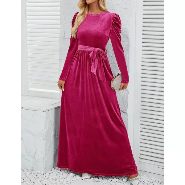 imageZESICA Womens Velvet Maxi Dress Long Puff Sleeve Crew Neck Elastic High Waist Cocktail Party Bridesmaid DressesRose