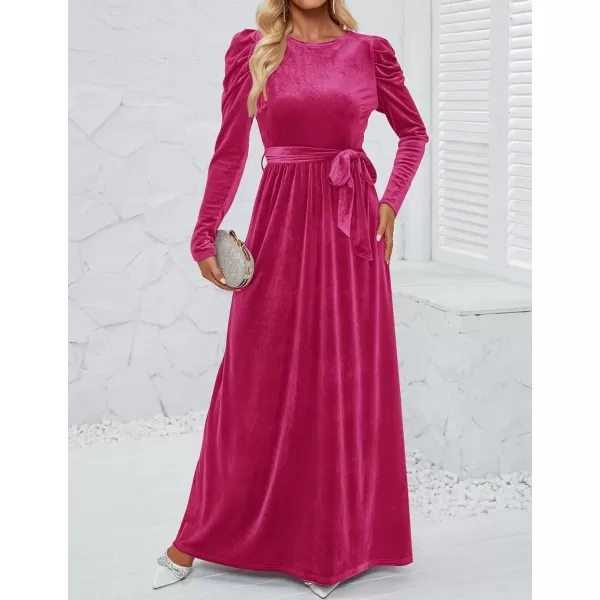 imageZESICA Womens Velvet Maxi Dress Long Puff Sleeve Crew Neck Elastic High Waist Cocktail Party Bridesmaid DressesRose