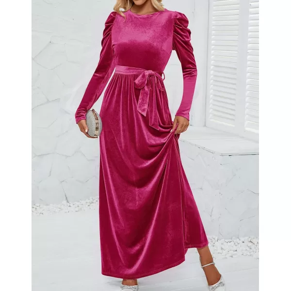 imageZESICA Womens Velvet Maxi Dress Long Puff Sleeve Crew Neck Elastic High Waist Cocktail Party Bridesmaid DressesRose