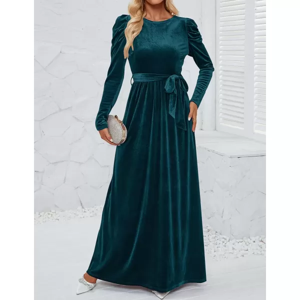 imageZESICA Womens Velvet Maxi Dress Long Puff Sleeve Crew Neck Elastic High Waist Cocktail Party Bridesmaid DressesTealgreen