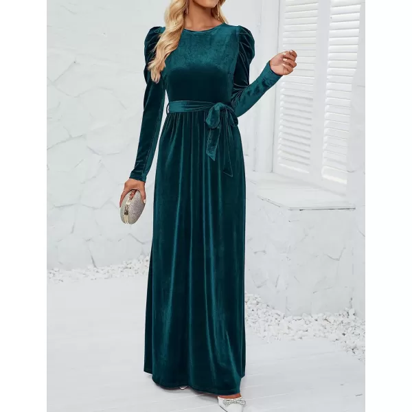 imageZESICA Womens Velvet Maxi Dress Long Puff Sleeve Crew Neck Elastic High Waist Cocktail Party Bridesmaid DressesTealgreen