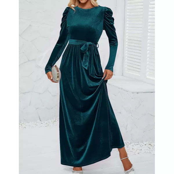 imageZESICA Womens Velvet Maxi Dress Long Puff Sleeve Crew Neck Elastic High Waist Cocktail Party Bridesmaid DressesTealgreen