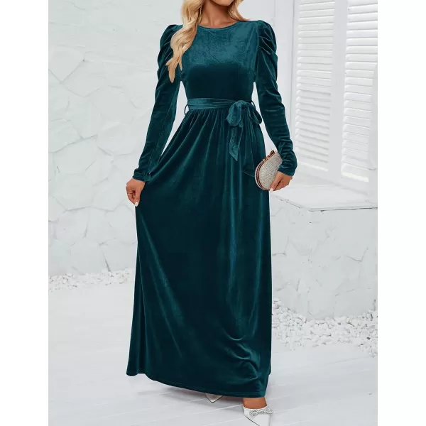imageZESICA Womens Velvet Maxi Dress Long Puff Sleeve Crew Neck Elastic High Waist Cocktail Party Bridesmaid DressesTealgreen