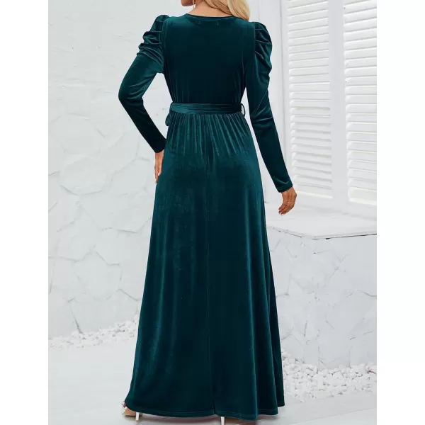 imageZESICA Womens Velvet Maxi Dress Long Puff Sleeve Crew Neck Elastic High Waist Cocktail Party Bridesmaid DressesTealgreen