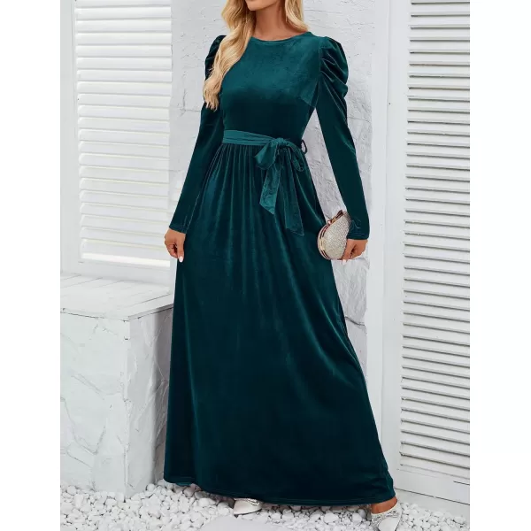 imageZESICA Womens Velvet Maxi Dress Long Puff Sleeve Crew Neck Elastic High Waist Cocktail Party Bridesmaid DressesTealgreen