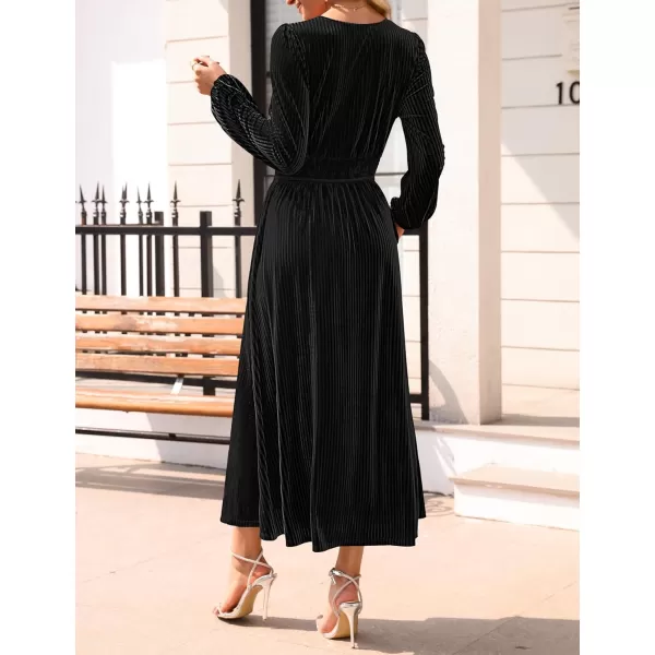 imageZESICA Womens Velvet Midi Dress Casual V Neck Long Sleeve Solid Color Elastic High Waist Flowy Evening Party DressesBlack