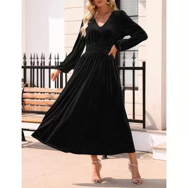 imageZESICA Womens Velvet Midi Dress Casual V Neck Long Sleeve Solid Color Elastic High Waist Flowy Evening Party DressesBlack