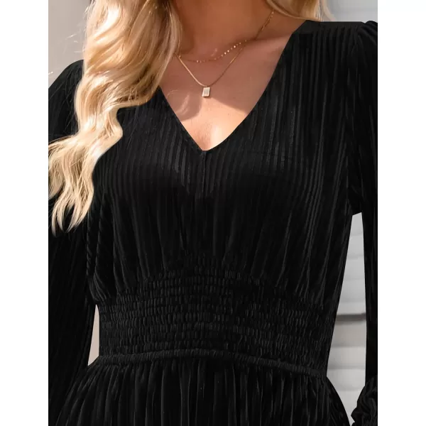 imageZESICA Womens Velvet Midi Dress Casual V Neck Long Sleeve Solid Color Elastic High Waist Flowy Evening Party DressesBlack