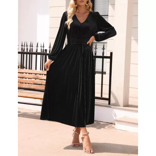 imageZESICA Womens Velvet Midi Dress Casual V Neck Long Sleeve Solid Color Elastic High Waist Flowy Evening Party DressesBlack