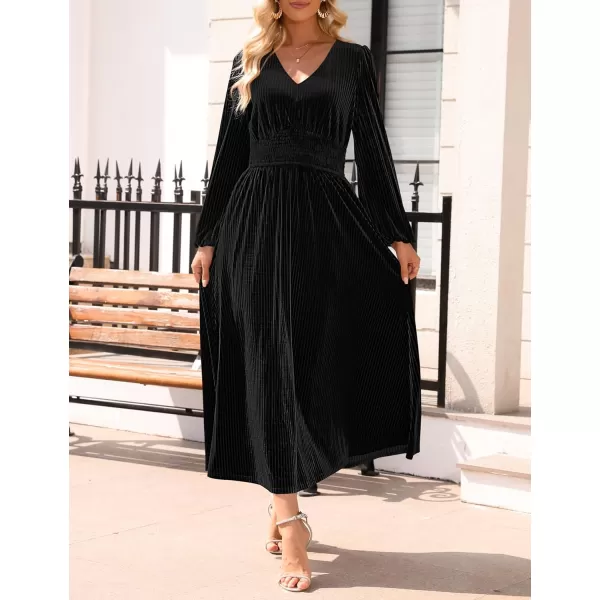 imageZESICA Womens Velvet Midi Dress Casual V Neck Long Sleeve Solid Color Elastic High Waist Flowy Evening Party DressesBlack