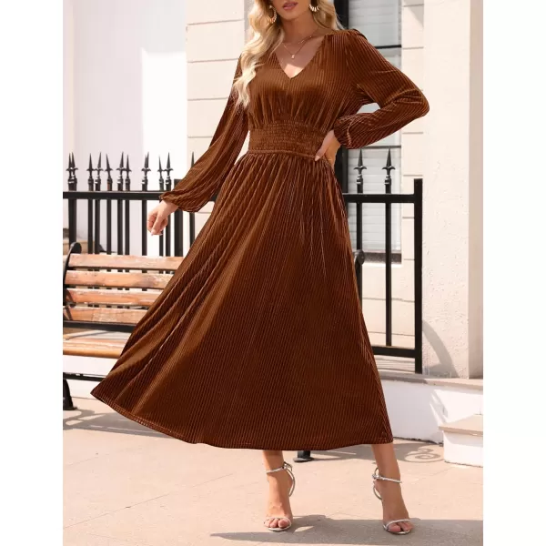 imageZESICA Womens Velvet Midi Dress Casual V Neck Long Sleeve Solid Color Elastic High Waist Flowy Evening Party DressesCaramel