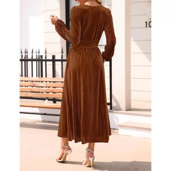 imageZESICA Womens Velvet Midi Dress Casual V Neck Long Sleeve Solid Color Elastic High Waist Flowy Evening Party DressesCaramel