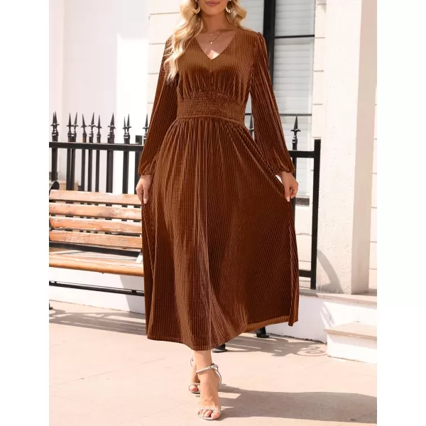 imageZESICA Womens Velvet Midi Dress Casual V Neck Long Sleeve Solid Color Elastic High Waist Flowy Evening Party DressesCaramel
