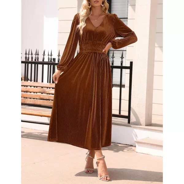 imageZESICA Womens Velvet Midi Dress Casual V Neck Long Sleeve Solid Color Elastic High Waist Flowy Evening Party DressesCaramel