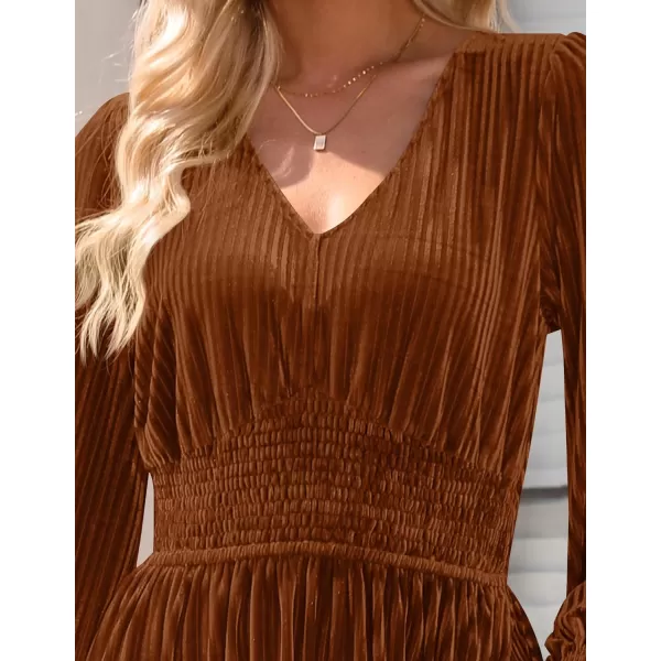 imageZESICA Womens Velvet Midi Dress Casual V Neck Long Sleeve Solid Color Elastic High Waist Flowy Evening Party DressesCaramel
