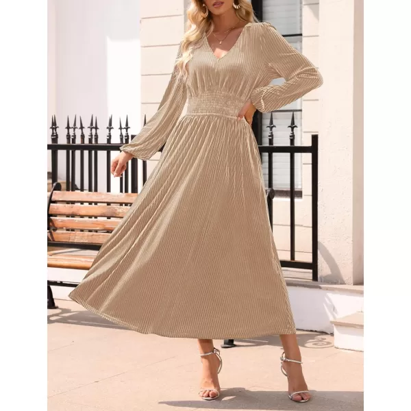 imageZESICA Womens Velvet Midi Dress Casual V Neck Long Sleeve Solid Color Elastic High Waist Flowy Evening Party DressesChampagne
