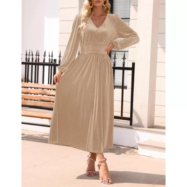imageZESICA Womens Velvet Midi Dress Casual V Neck Long Sleeve Solid Color Elastic High Waist Flowy Evening Party DressesChampagne