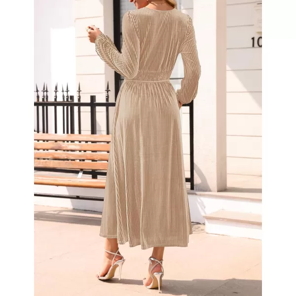 imageZESICA Womens Velvet Midi Dress Casual V Neck Long Sleeve Solid Color Elastic High Waist Flowy Evening Party DressesChampagne