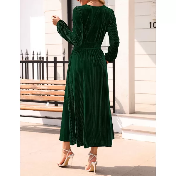 imageZESICA Womens Velvet Midi Dress Casual V Neck Long Sleeve Solid Color Elastic High Waist Flowy Evening Party DressesGreen