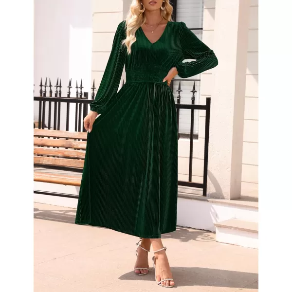 imageZESICA Womens Velvet Midi Dress Casual V Neck Long Sleeve Solid Color Elastic High Waist Flowy Evening Party DressesGreen