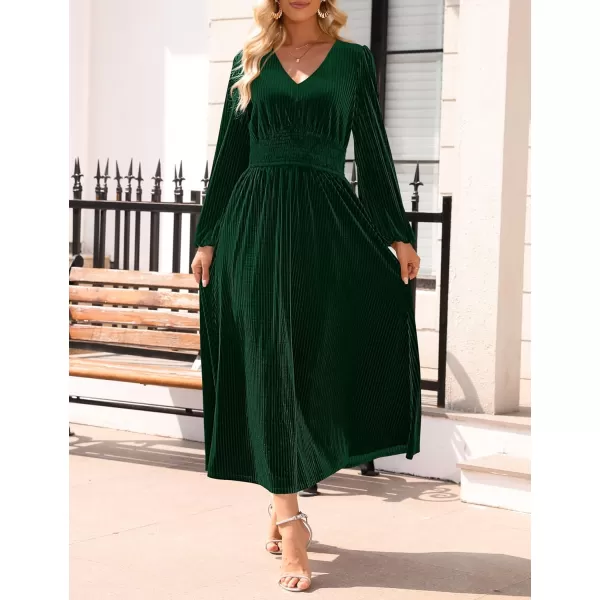 imageZESICA Womens Velvet Midi Dress Casual V Neck Long Sleeve Solid Color Elastic High Waist Flowy Evening Party DressesGreen