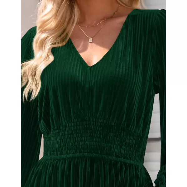 imageZESICA Womens Velvet Midi Dress Casual V Neck Long Sleeve Solid Color Elastic High Waist Flowy Evening Party DressesGreen