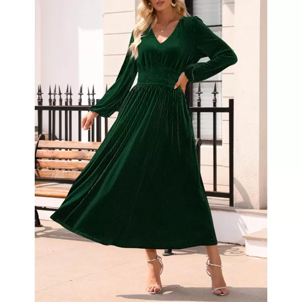 imageZESICA Womens Velvet Midi Dress Casual V Neck Long Sleeve Solid Color Elastic High Waist Flowy Evening Party DressesGreen