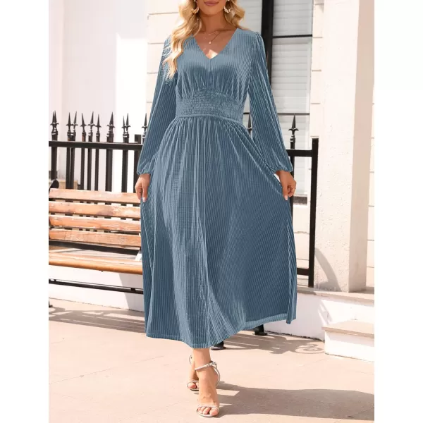imageZESICA Womens Velvet Midi Dress Casual V Neck Long Sleeve Solid Color Elastic High Waist Flowy Evening Party DressesGrey Blue