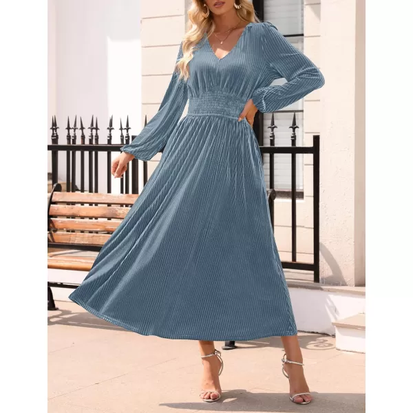 imageZESICA Womens Velvet Midi Dress Casual V Neck Long Sleeve Solid Color Elastic High Waist Flowy Evening Party DressesGrey Blue