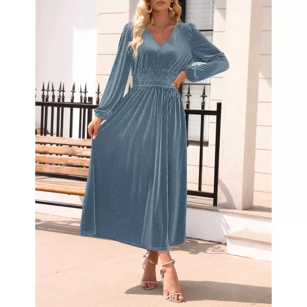 imageZESICA Womens Velvet Midi Dress Casual V Neck Long Sleeve Solid Color Elastic High Waist Flowy Evening Party DressesGrey Blue