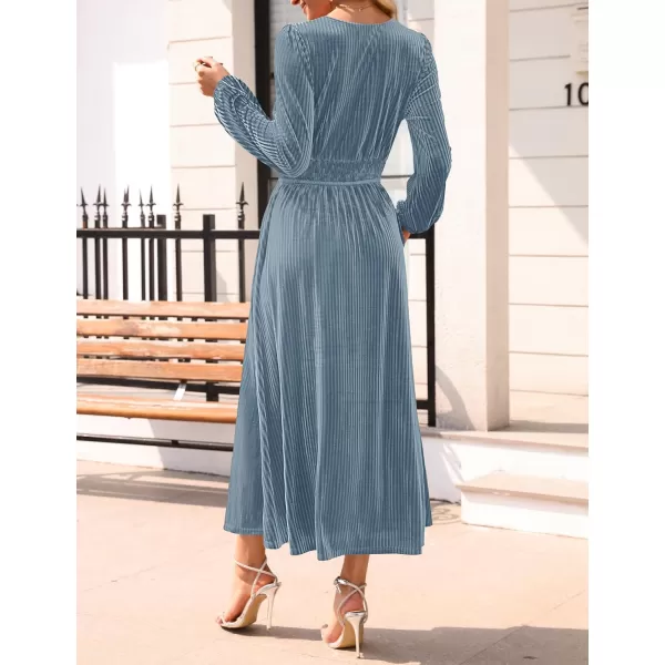imageZESICA Womens Velvet Midi Dress Casual V Neck Long Sleeve Solid Color Elastic High Waist Flowy Evening Party DressesGrey Blue