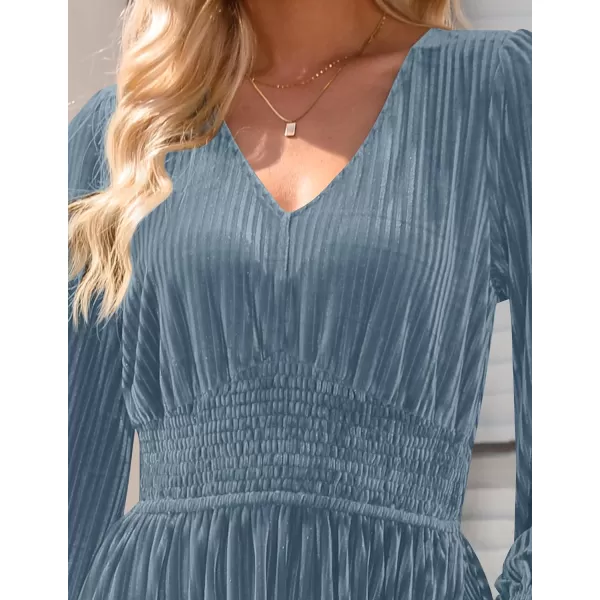 imageZESICA Womens Velvet Midi Dress Casual V Neck Long Sleeve Solid Color Elastic High Waist Flowy Evening Party DressesGrey Blue