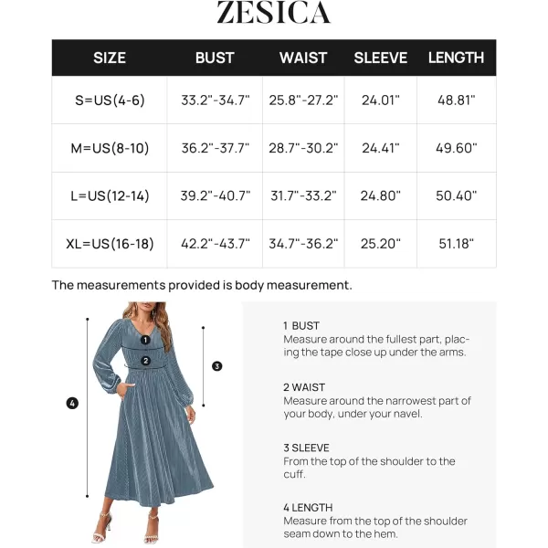 imageZESICA Womens Velvet Midi Dress Casual V Neck Long Sleeve Solid Color Elastic High Waist Flowy Evening Party DressesGrey Blue
