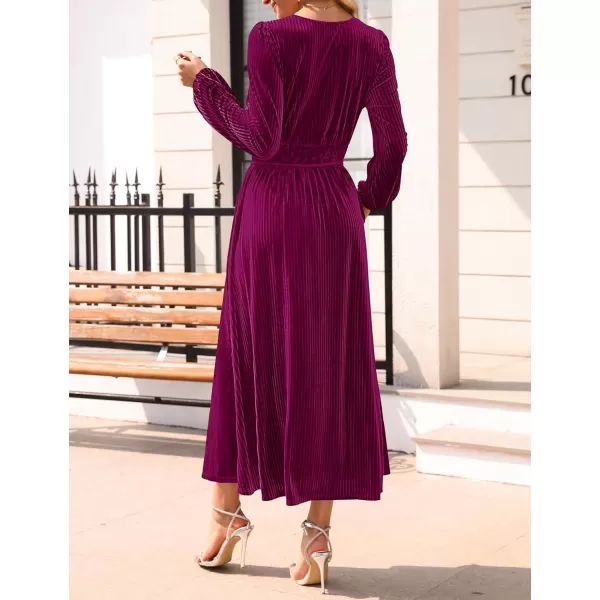 imageZESICA Womens Velvet Midi Dress Casual V Neck Long Sleeve Solid Color Elastic High Waist Flowy Evening Party DressesPlum