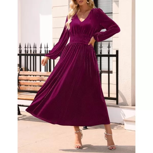 imageZESICA Womens Velvet Midi Dress Casual V Neck Long Sleeve Solid Color Elastic High Waist Flowy Evening Party DressesPlum