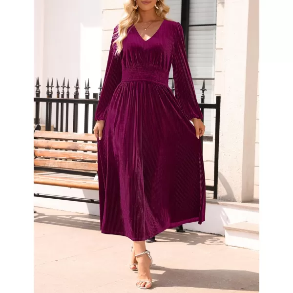 imageZESICA Womens Velvet Midi Dress Casual V Neck Long Sleeve Solid Color Elastic High Waist Flowy Evening Party DressesPlum